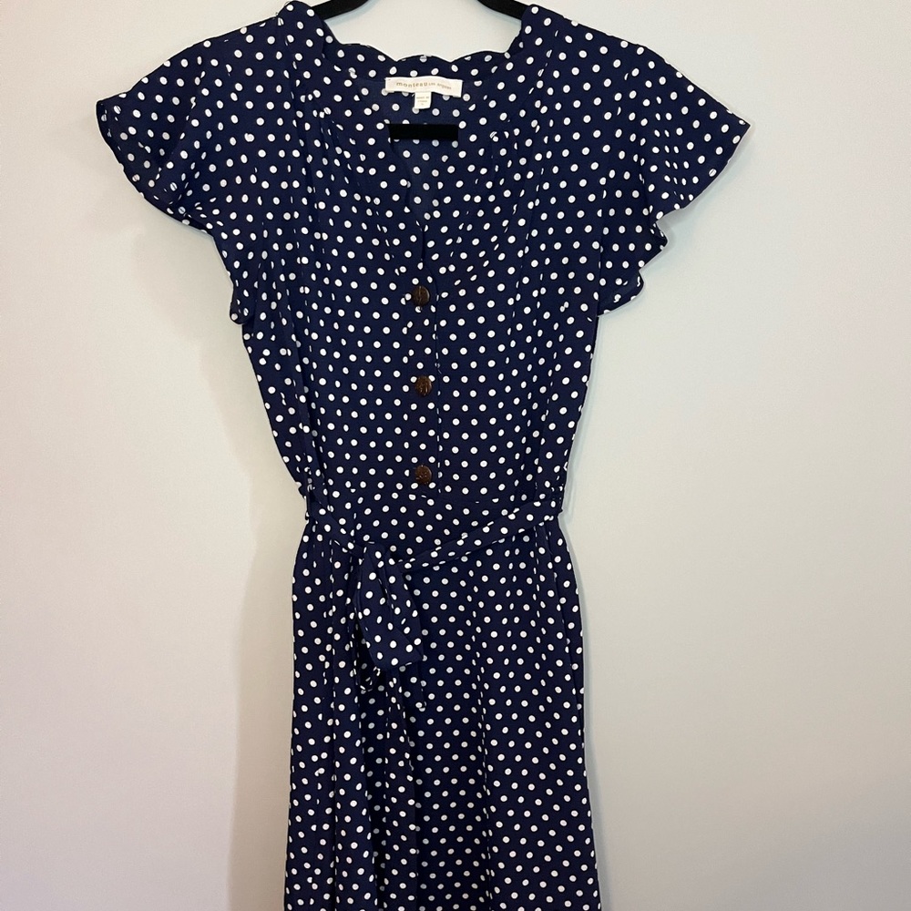 Blue & white polka dot dress - knee length - small